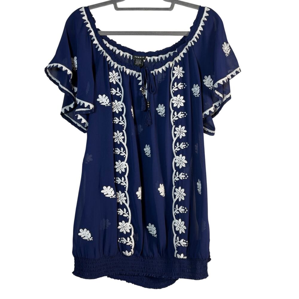 Torrid Navy Blue Embroidered Boho Chiffon Peasant Blouse Smocked Plus Size 2X